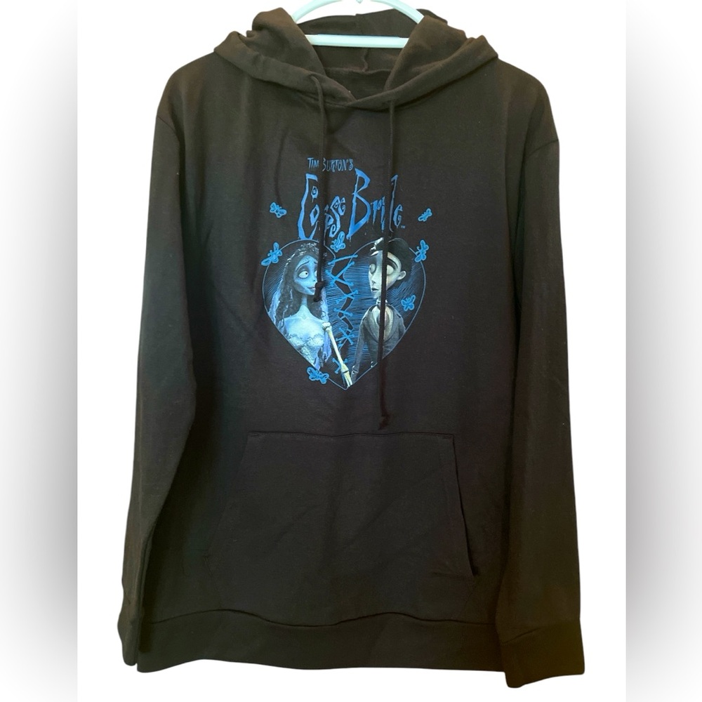 Tim Burton’s Corpse Bride Black Hoodie Blue Heart Graphic Size Large NWOT